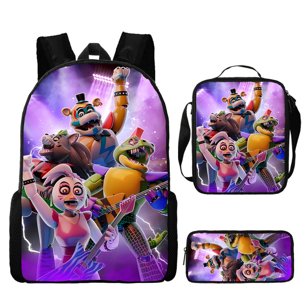 FNAF Glamrock Freddy Full Printed Backpack Schoolbag Travel Notebook Bag Lunch Bag Pencil Bag for Kids Students 3PCS