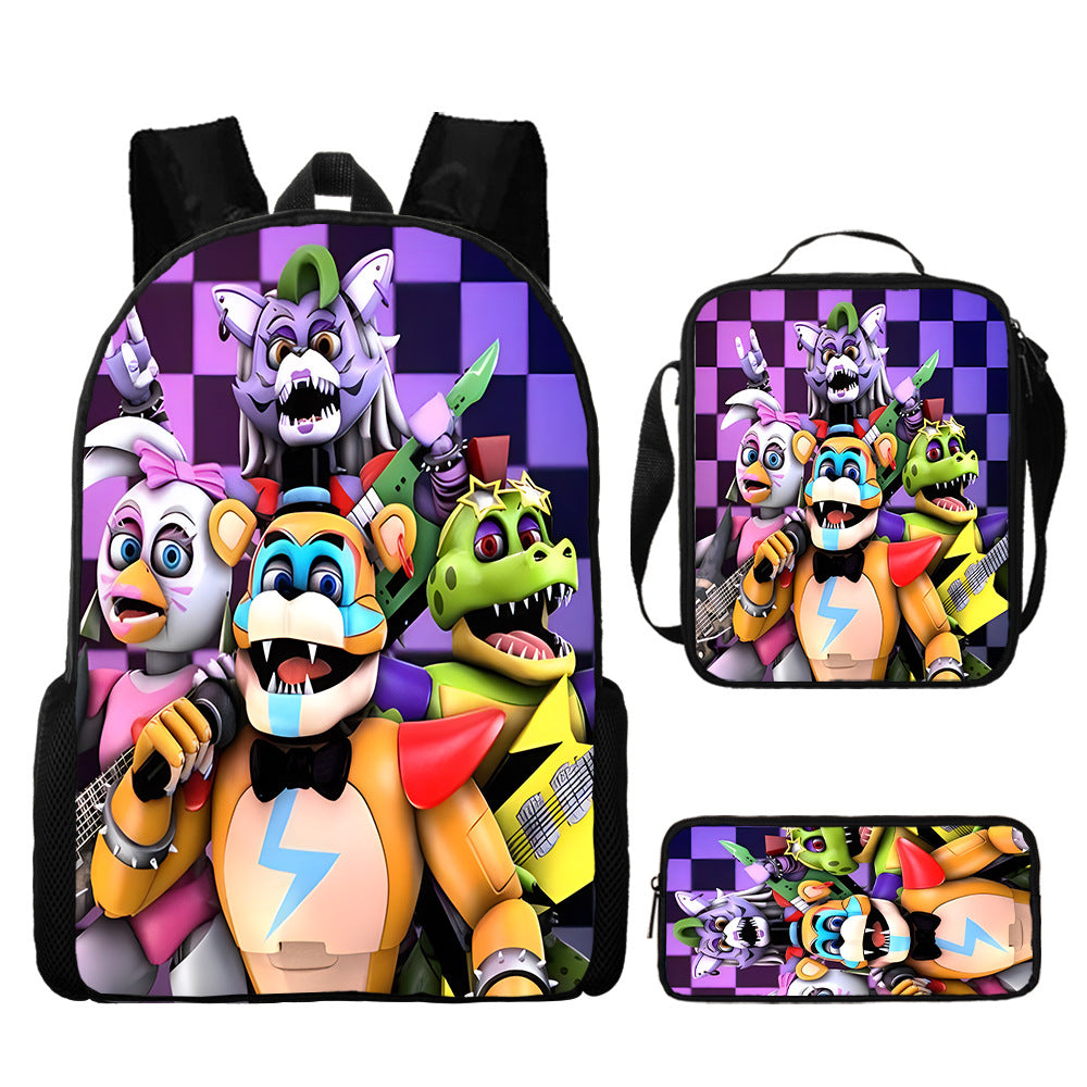 FNAF Glamrock Freddy Full Printed Backpack Schoolbag Travel Notebook Bag Lunch Bag Pencil Bag for Kids Students 3PCS