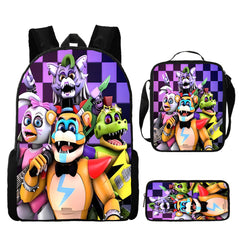 FNAF Glamrock Freddy Full Printed Backpack Schoolbag Travel Notebook Bag Lunch Bag Pencil Bag for Kids Students 3PCS