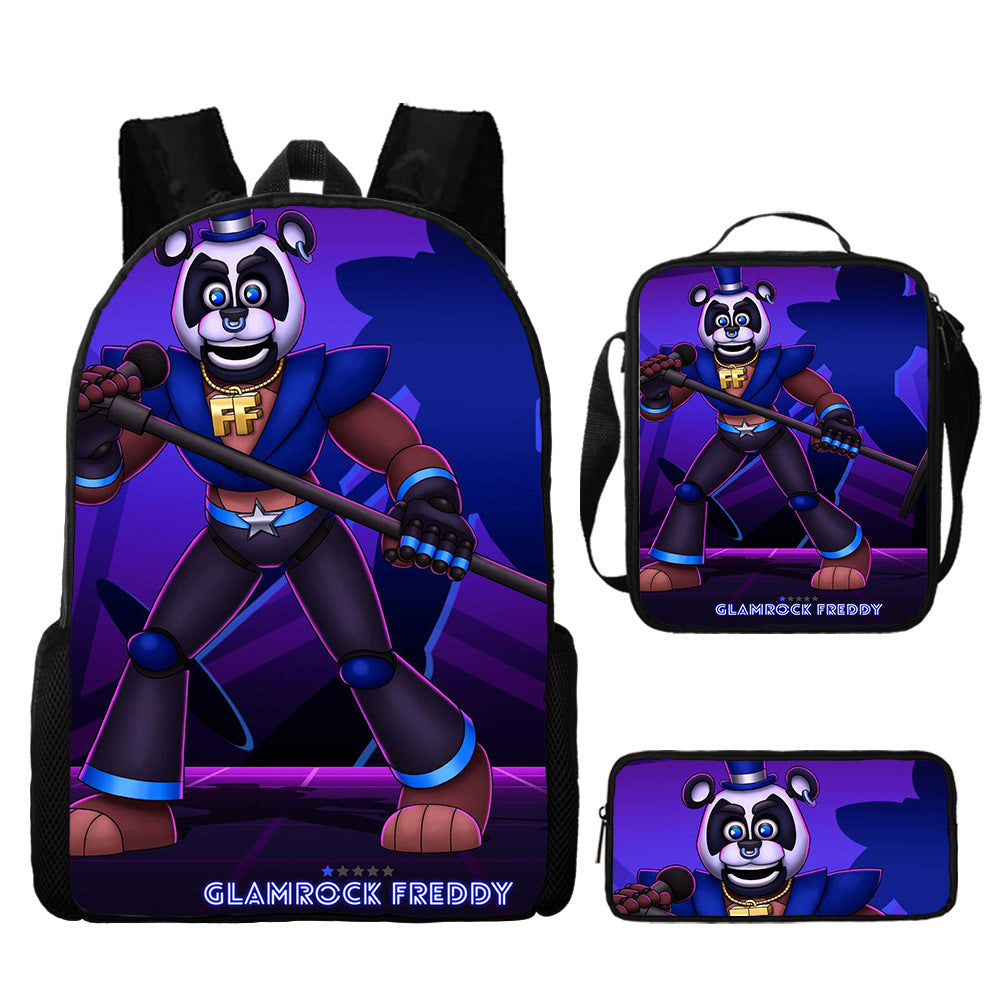 FNAF Glamrock Freddy Full Printed Backpack Schoolbag Travel Notebook Bag Lunch Bag Pencil Bag for Kids Students 3PCS