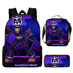 FNAF Glamrock Freddy Full Printed Backpack Schoolbag Travel Notebook Bag Lunch Bag Pencil Bag for Kids Students 3PCS