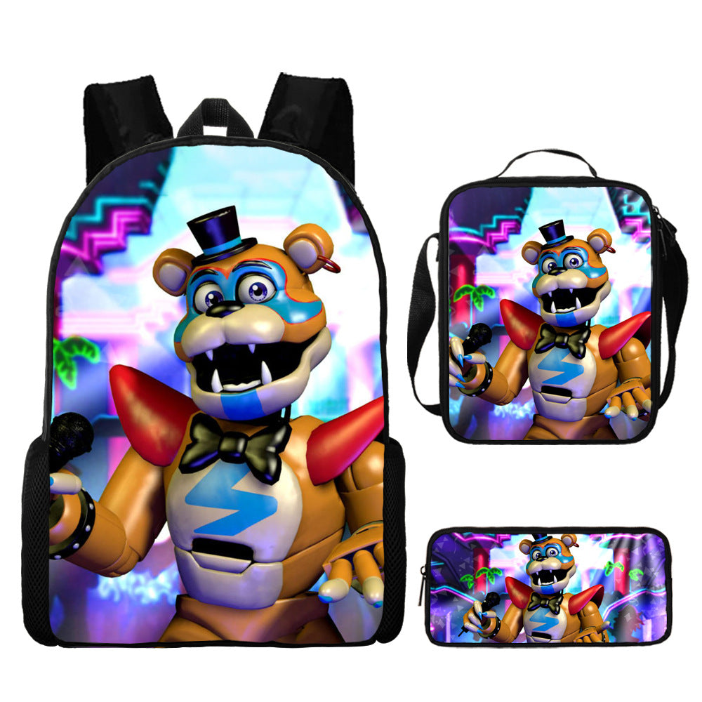 FNAF Glamrock Freddy Full Printed Backpack Schoolbag Travel Notebook Bag Lunch Bag Pencil Bag for Kids Students 3PCS