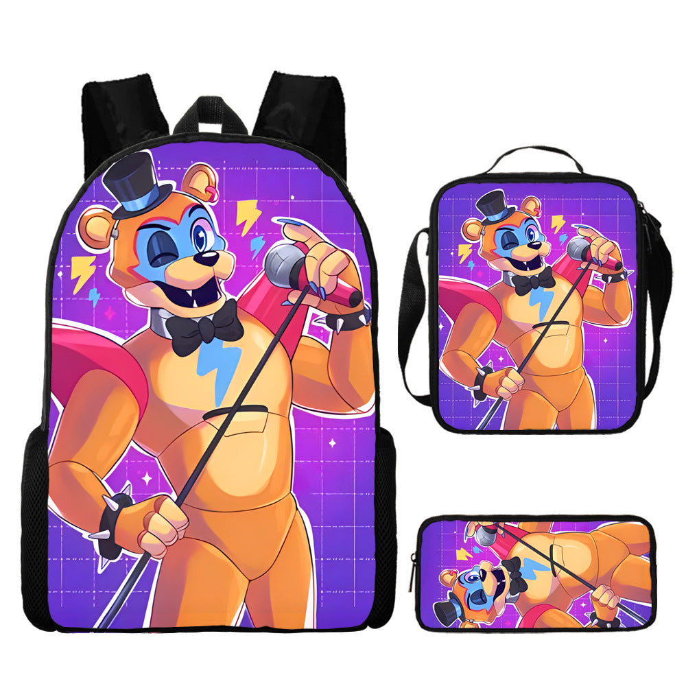 FNAF Glamrock Freddy Full Printed Backpack Schoolbag Travel Notebook Bag Lunch Bag Pencil Bag for Kids Students 3PCS