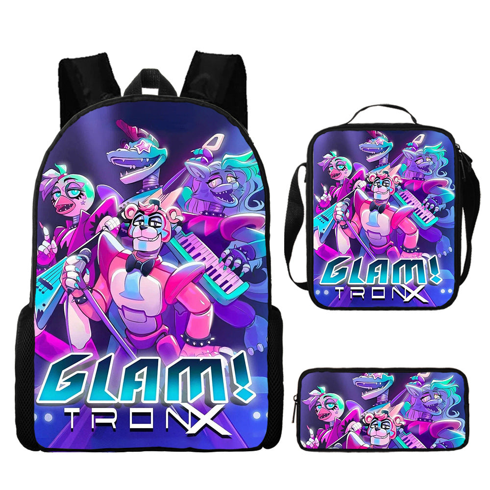 FNAF Glamrock Freddy Full Printed Backpack Schoolbag Travel Notebook Bag Lunch Bag Pencil Bag for Kids Students 3PCS