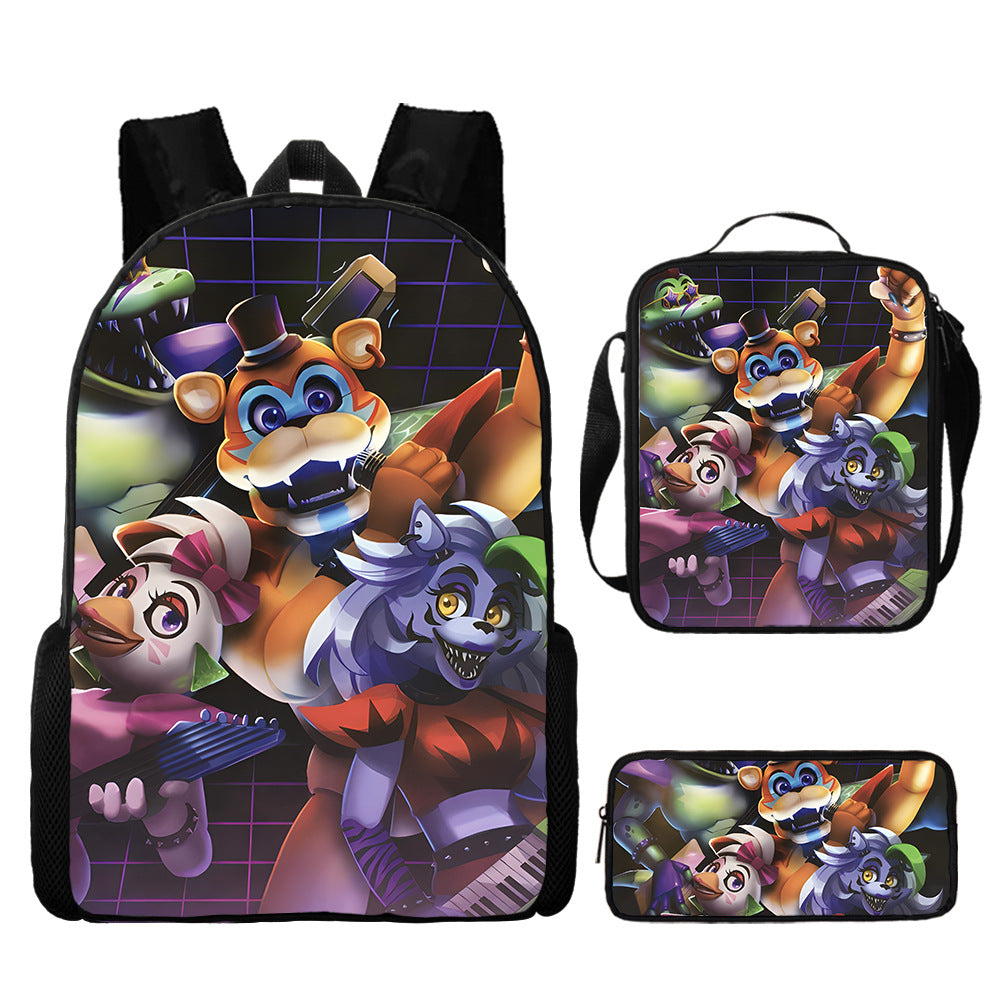 FNAF Glamrock Freddy Full Printed Backpack Schoolbag Travel Notebook Bag Lunch Bag Pencil Bag for Kids Students 3PCS