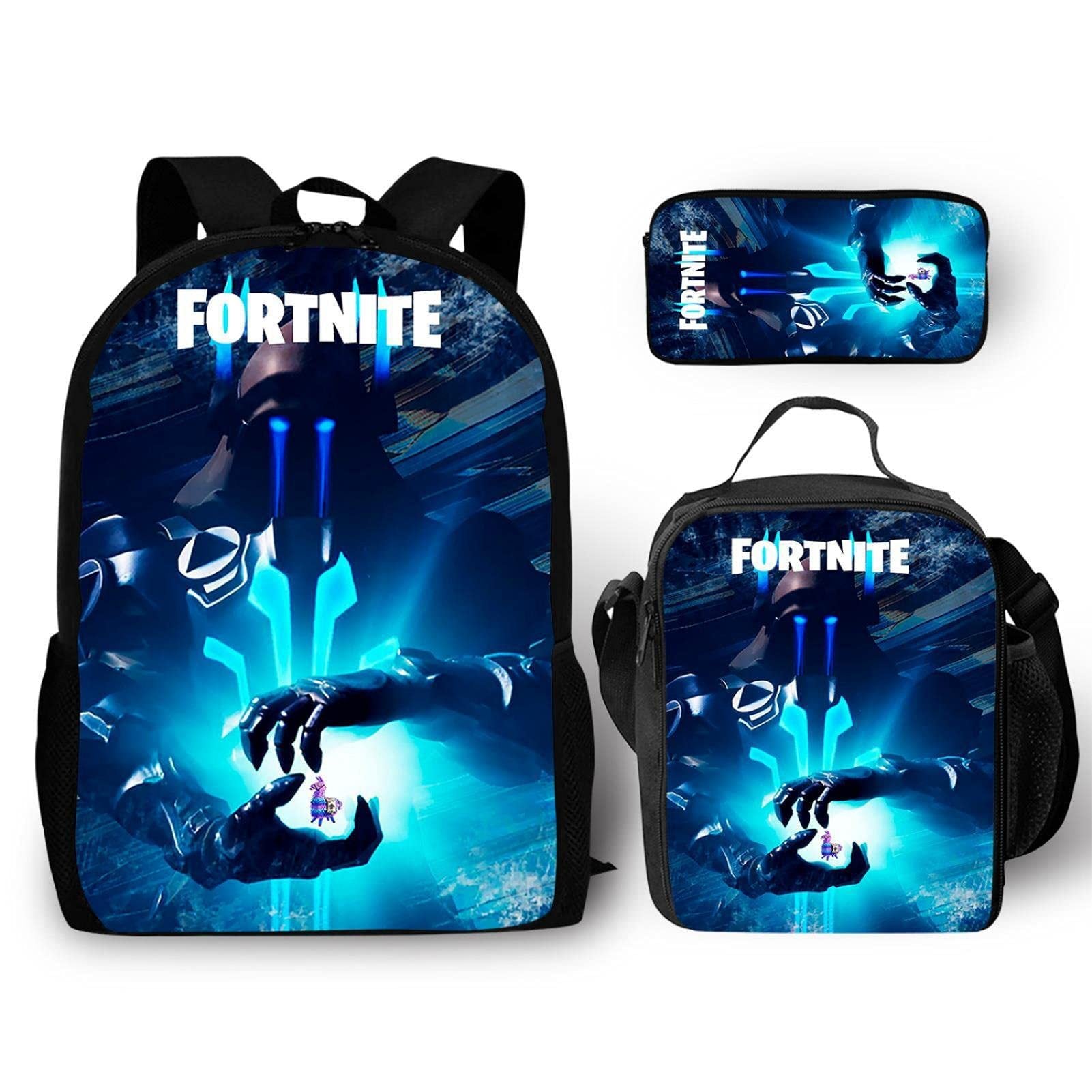 Fortnight Full Printed Backpack Schoolbag Travel Notebook Bag Lunch Bag Pencil Bag for Kids Students 3PCS