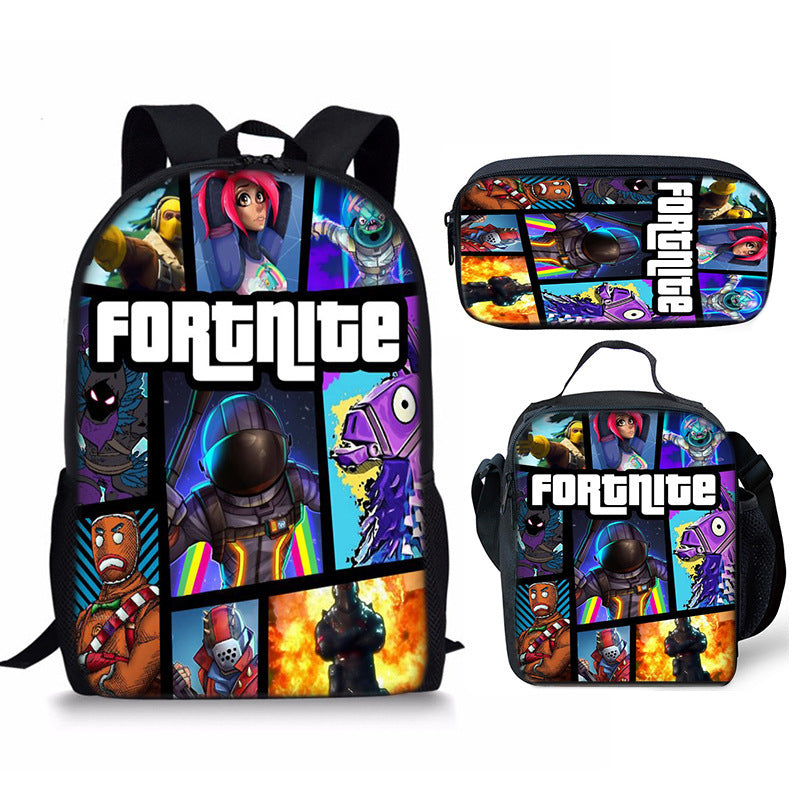 Fortnight Full Printed Backpack Schoolbag Travel Notebook Bag Lunch Bag Pencil Bag for Kids Students 3PCS