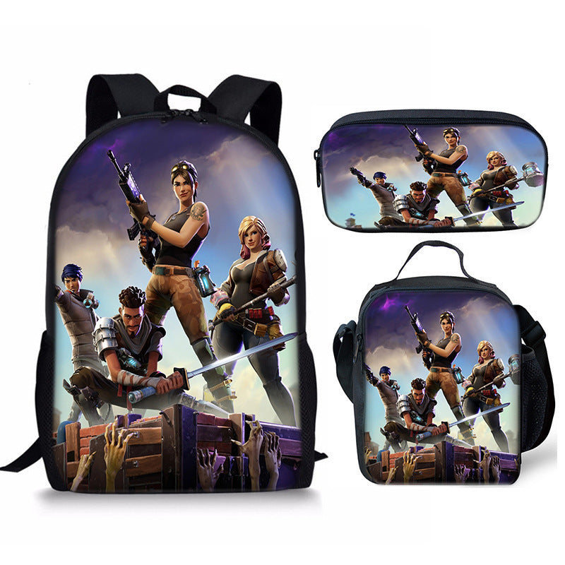 Fortnight Full Printed Backpack Schoolbag Travel Notebook Bag Lunch Bag Pencil Bag for Kids Students 3PCS