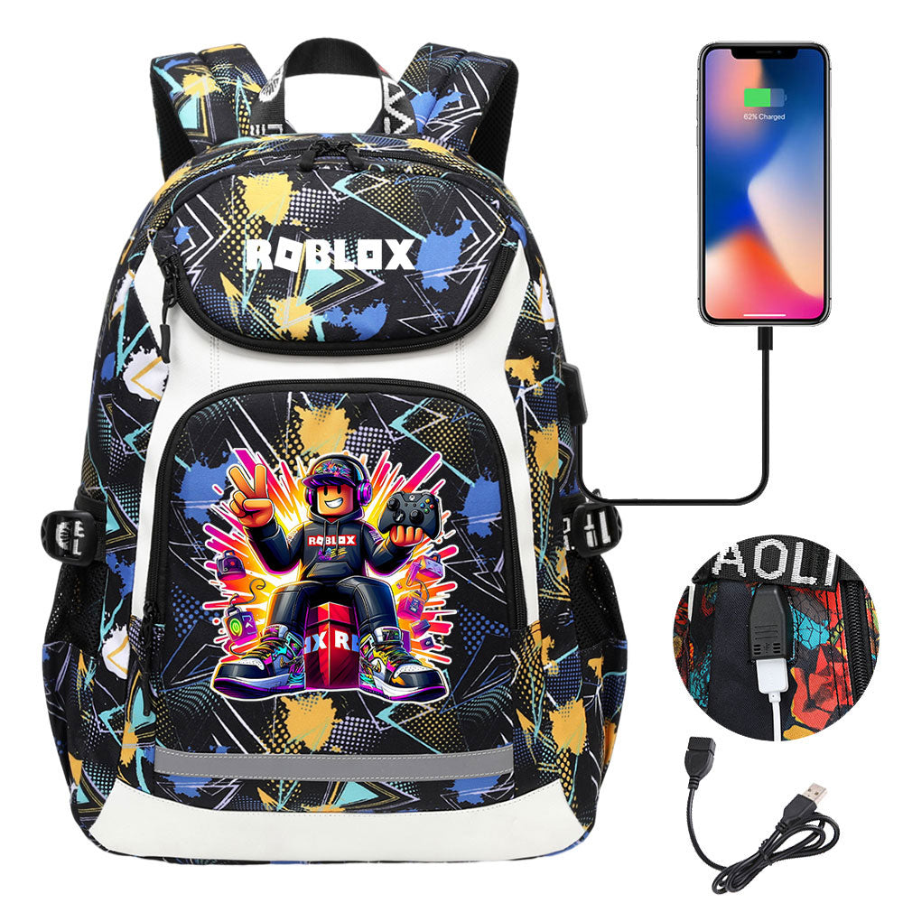 Roblox Game USB Charging Backpack School Notebook Travel Bags
