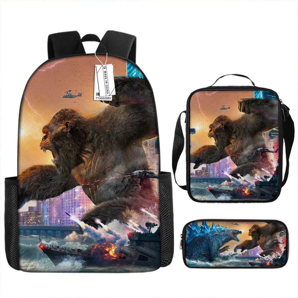 Godzilla Full Printed Backpack Schoolbag Travel Notebook Bag Lunch Bag Pencil Bag for Kids Students 3PCS