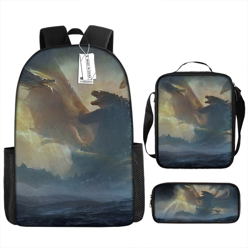 Godzilla Full Printed Backpack Schoolbag Travel Notebook Bag Lunch Bag Pencil Bag for Kids Students 3PCS