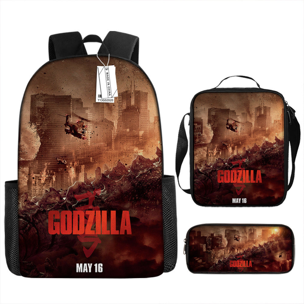 Godzilla Full Printed Backpack Schoolbag Travel Notebook Bag Lunch Bag Pencil Bag for Kids Students 3PCS