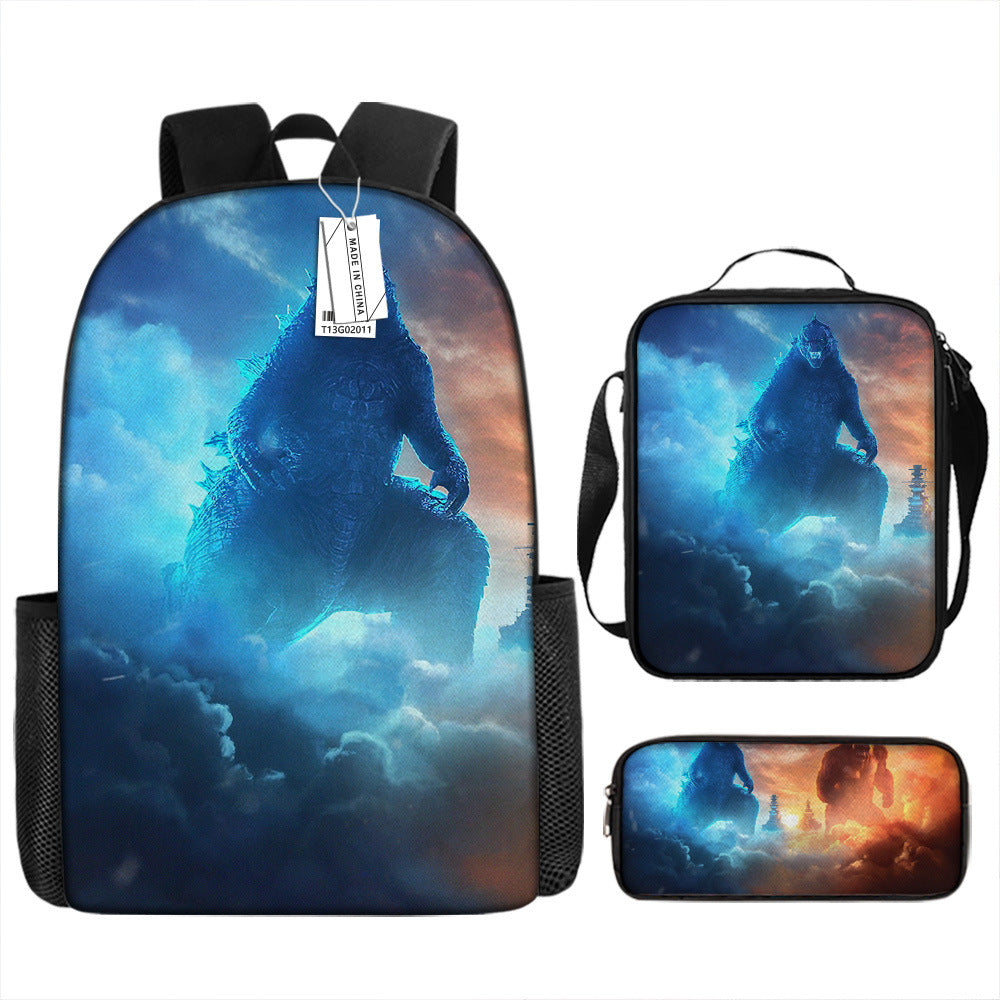 Godzilla Full Printed Backpack Schoolbag Travel Notebook Bag Lunch Bag Pencil Bag for Kids Students 3PCS