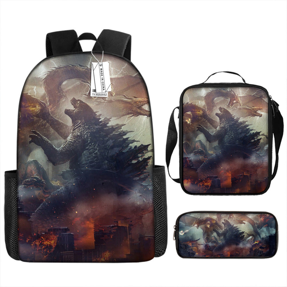 Godzilla Full Printed Backpack Schoolbag Travel Notebook Bag Lunch Bag Pencil Bag for Kids Students 3PCS