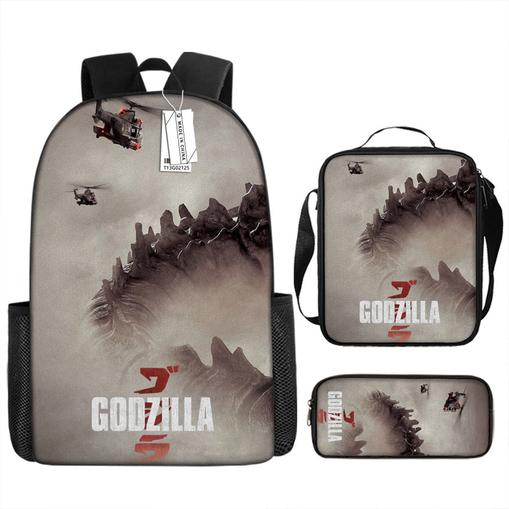 Godzilla Full Printed Backpack Schoolbag Travel Notebook Bag Lunch Bag Pencil Bag for Kids Students 3PCS