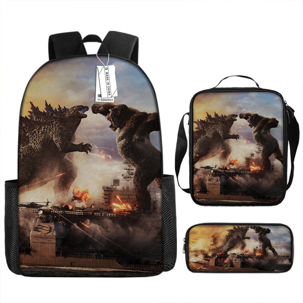 Godzilla Full Printed Backpack Schoolbag Travel Notebook Bag Lunch Bag Pencil Bag for Kids Students 3PCS