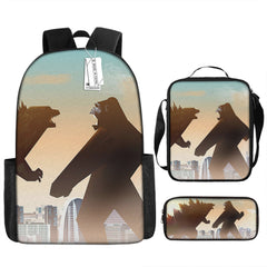 Godzilla Full Printed Backpack Schoolbag Travel Notebook Bag Lunch Bag Pencil Bag for Kids Students 3PCS