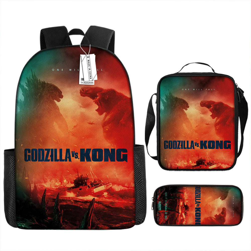 Godzilla Full Printed Backpack Schoolbag Travel Notebook Bag Lunch Bag Pencil Bag for Kids Students 3PCS