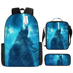 Godzilla Full Printed Backpack Schoolbag Travel Notebook Bag Lunch Bag Pencil Bag for Kids Students 3PCS