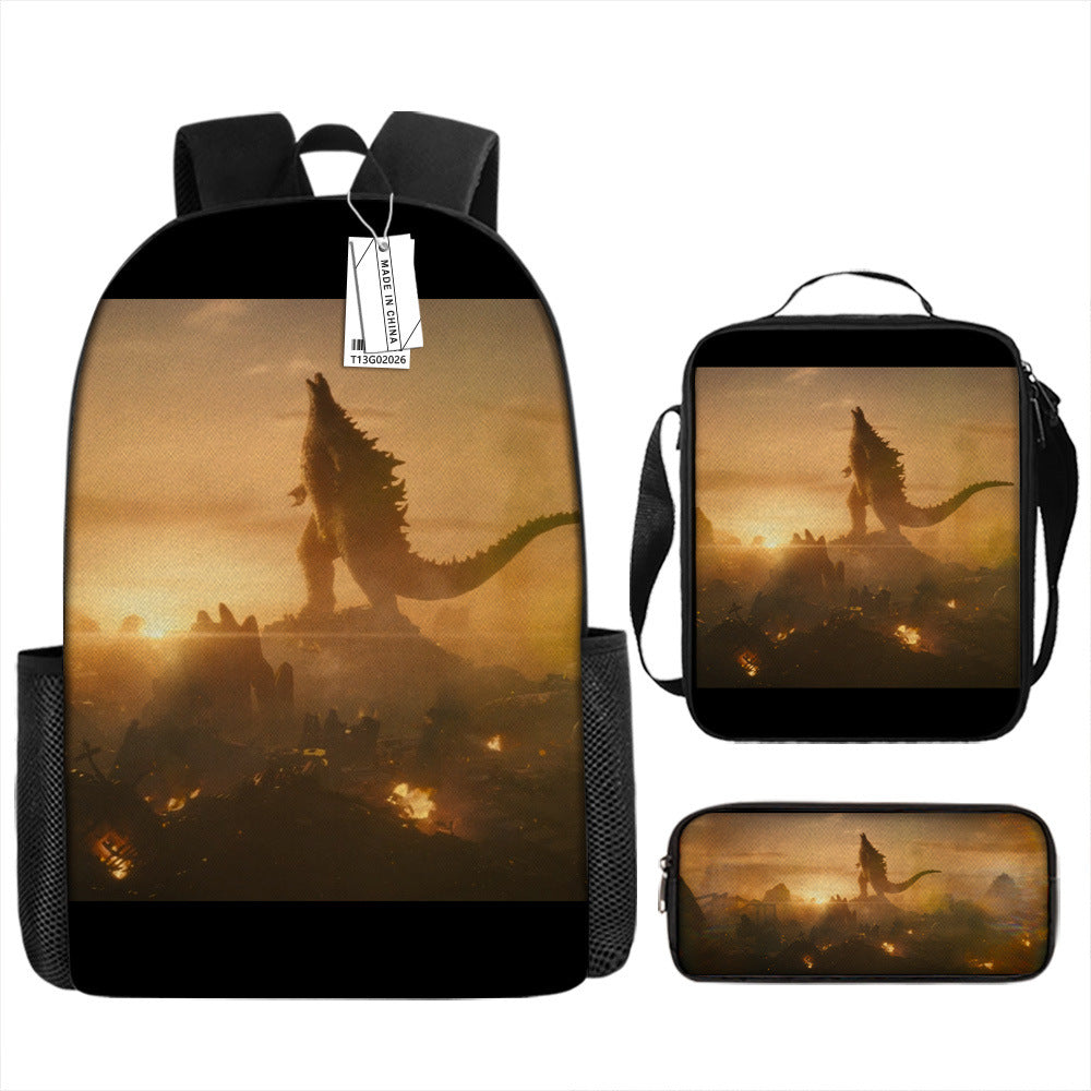 Godzilla Full Printed Backpack Schoolbag Travel Notebook Bag Lunch Bag Pencil Bag for Kids Students 3PCS