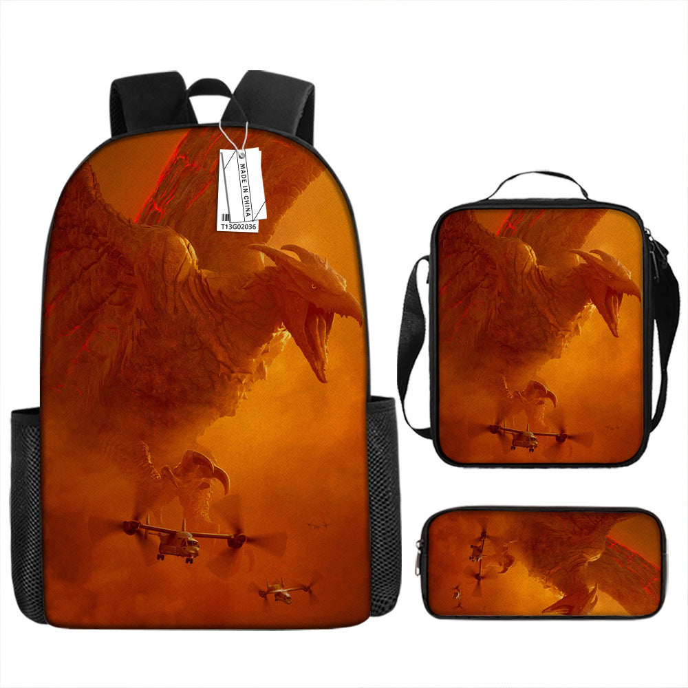 Godzilla Full Printed Backpack Schoolbag Travel Notebook Bag Lunch Bag Pencil Bag for Kids Students 3PCS