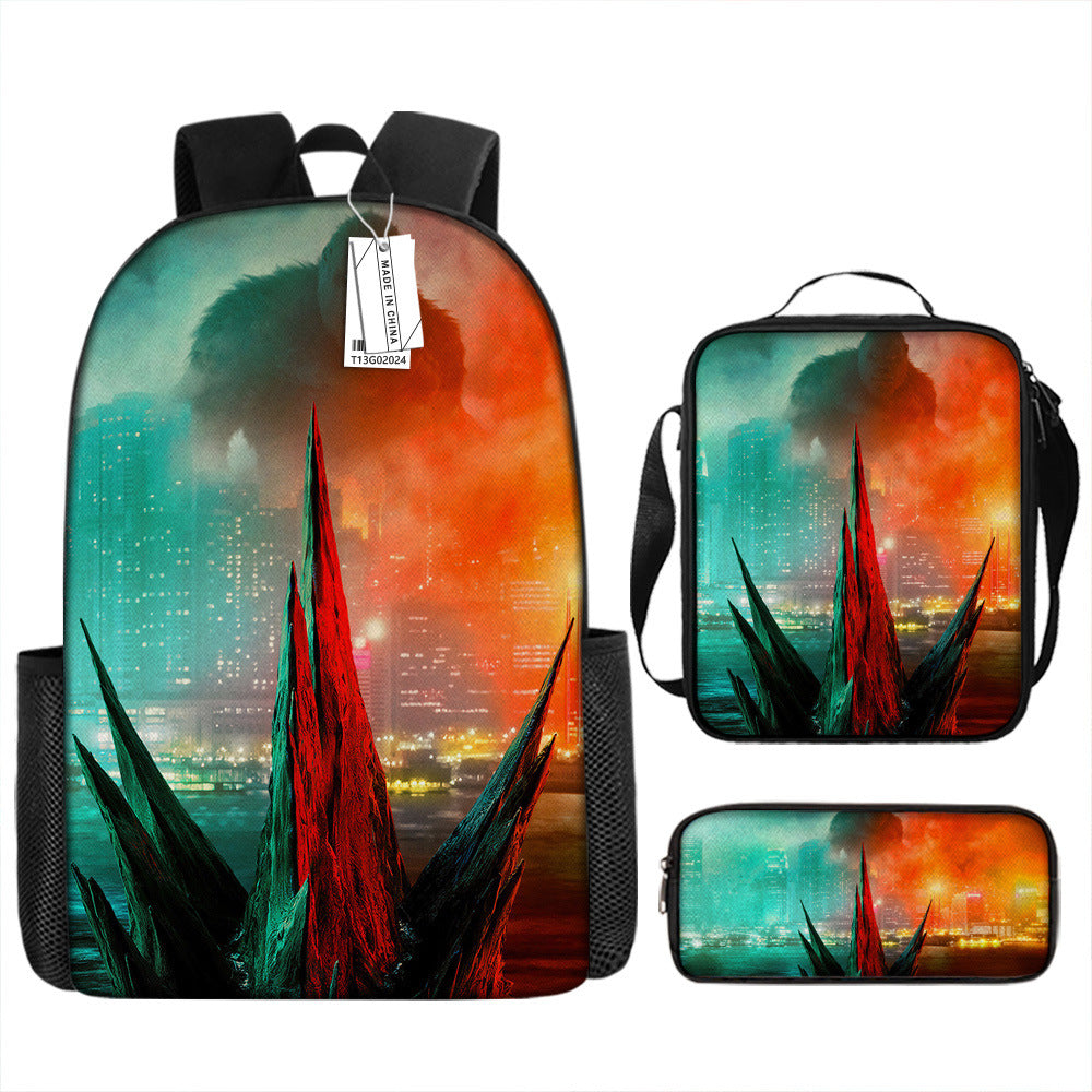 Godzilla Full Printed Backpack Schoolbag Travel Notebook Bag Lunch Bag Pencil Bag for Kids Students 3PCS