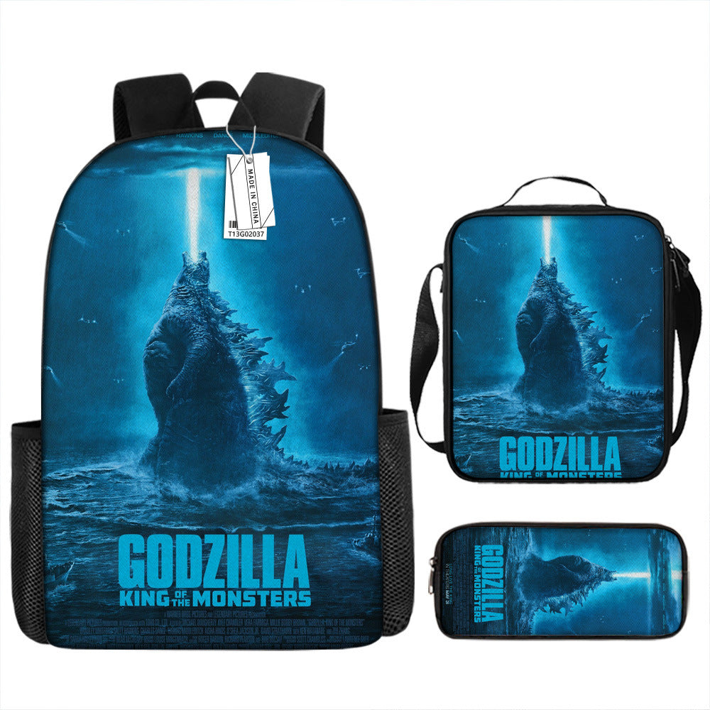 Godzilla Full Printed Backpack Schoolbag Travel Notebook Bag Lunch Bag Pencil Bag for Kids Students 3PCS