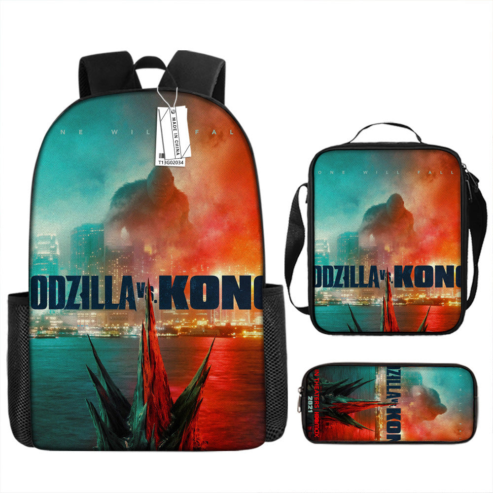 Godzilla Full Printed Backpack Schoolbag Travel Notebook Bag Lunch Bag Pencil Bag for Kids Students 3PCS