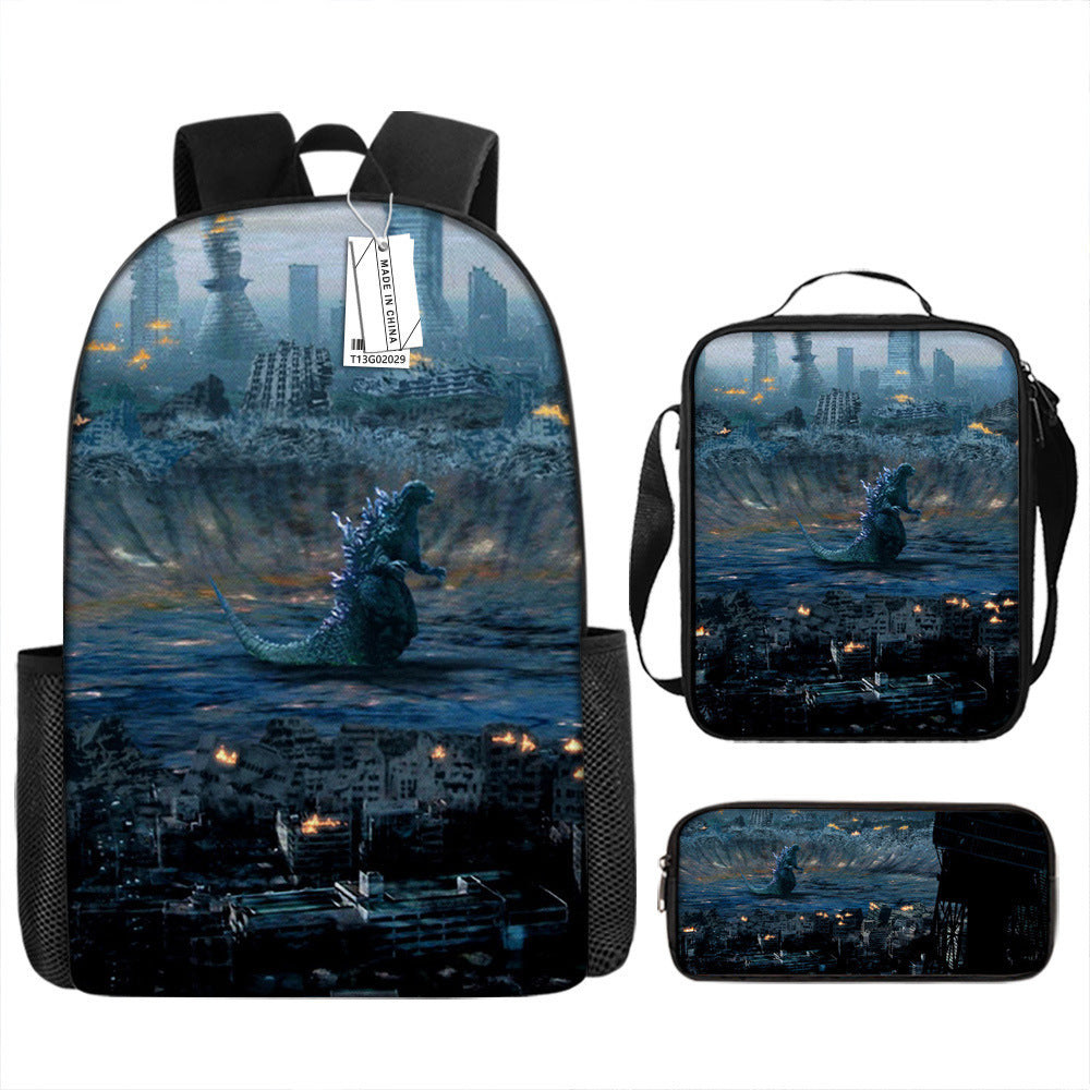 Godzilla Full Printed Backpack Schoolbag Travel Notebook Bag Lunch Bag Pencil Bag for Kids Students 3PCS