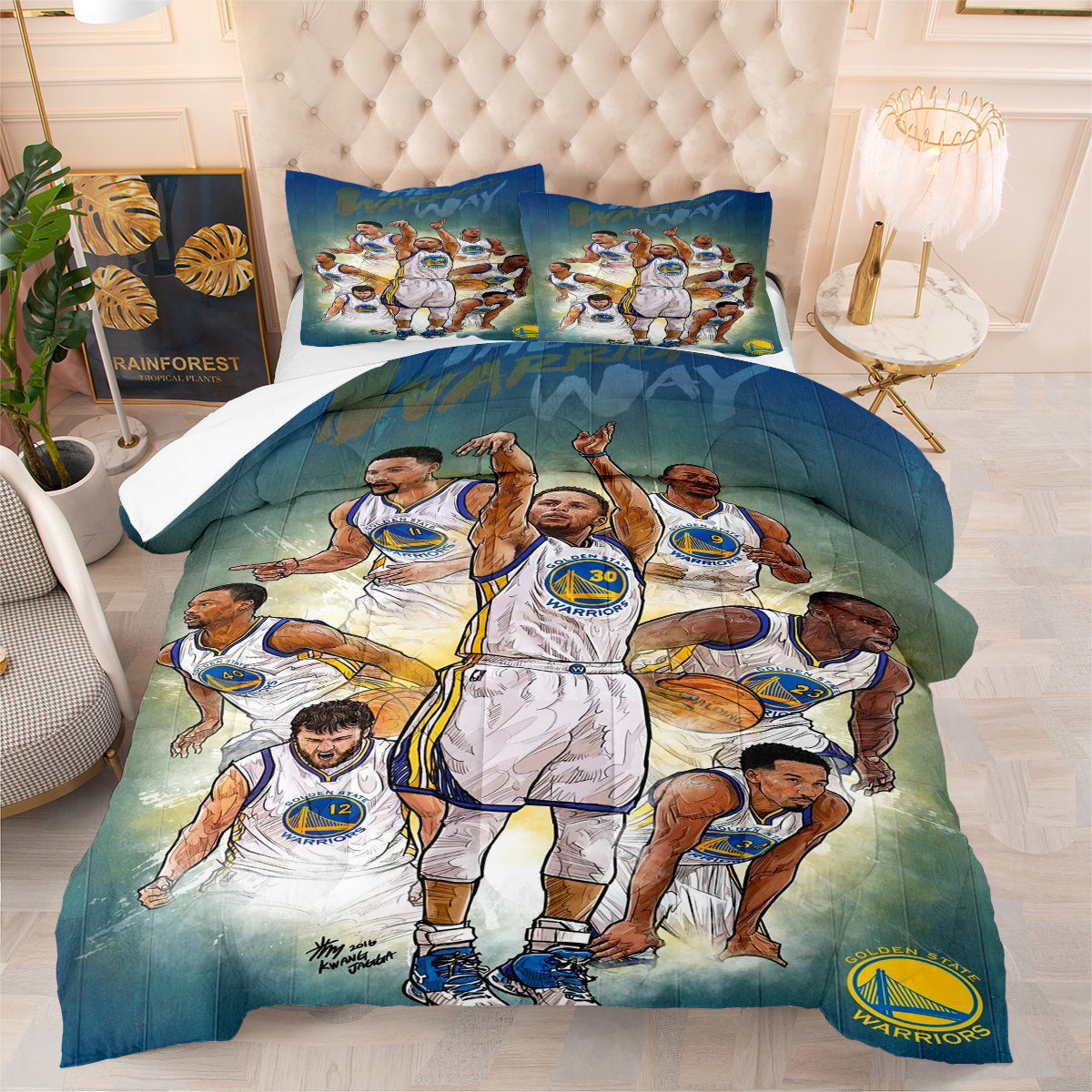 Golden State Basketball Warriors Comforter Pillowcases 3PC Sets Blanket All Season Reversible Quilted Duvet