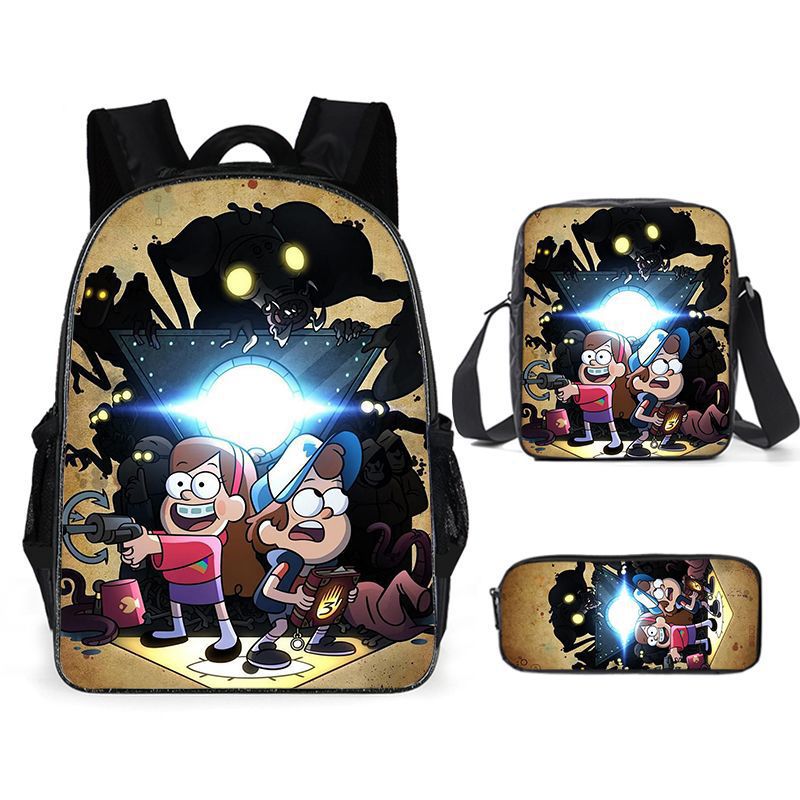 Gravity Falls Full Printed Backpack Schoolbag Travel Notebook Bag Lunch Bag Pencil Bag for Kids Students 3PCS