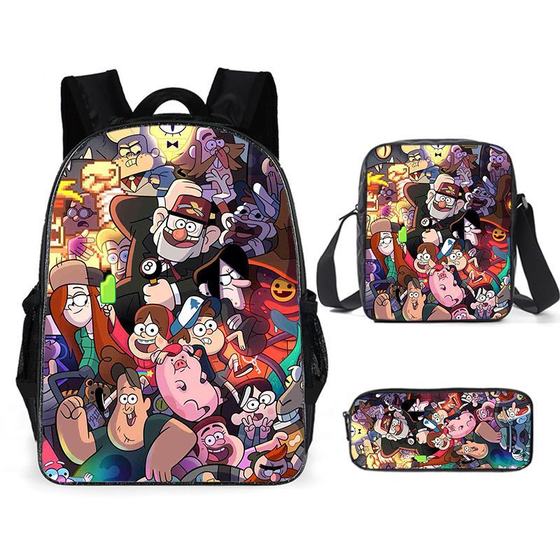 Gravity Falls Full Printed Backpack Schoolbag Travel Notebook Bag Lunch Bag Pencil Bag for Kids Students 3PCS