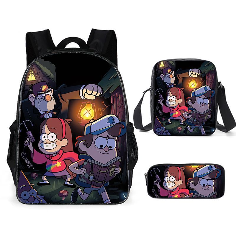 Gravity Falls Full Printed Backpack Schoolbag Travel Notebook Bag Lunch Bag Pencil Bag for Kids Students 3PCS