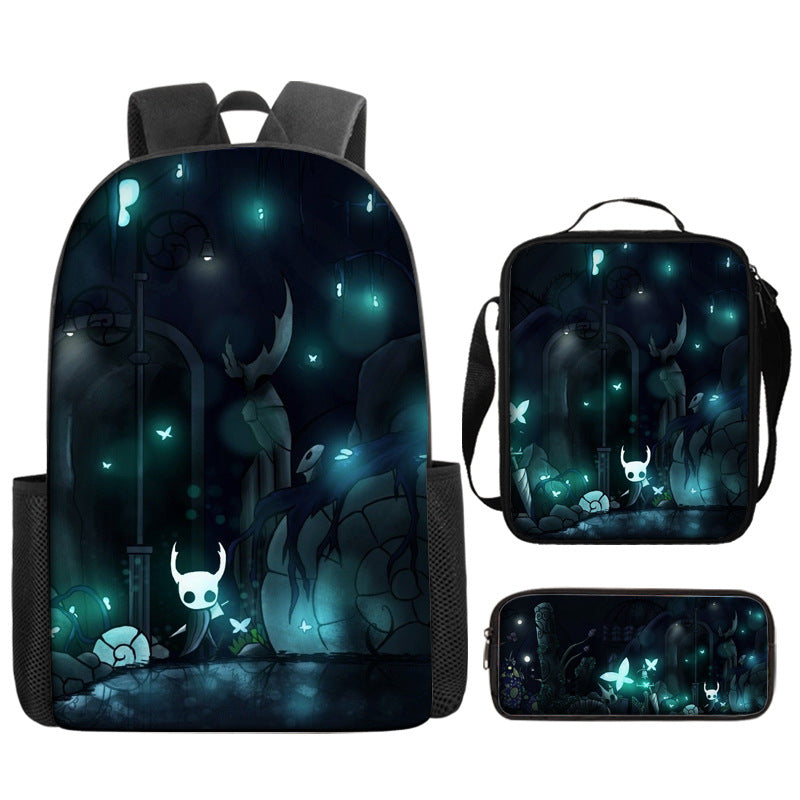 Hollow Knight Full Printed Backpack Schoolbag Travel Notebook Bag Lunch Bag Pencil Bag for Kids Students 3PCS