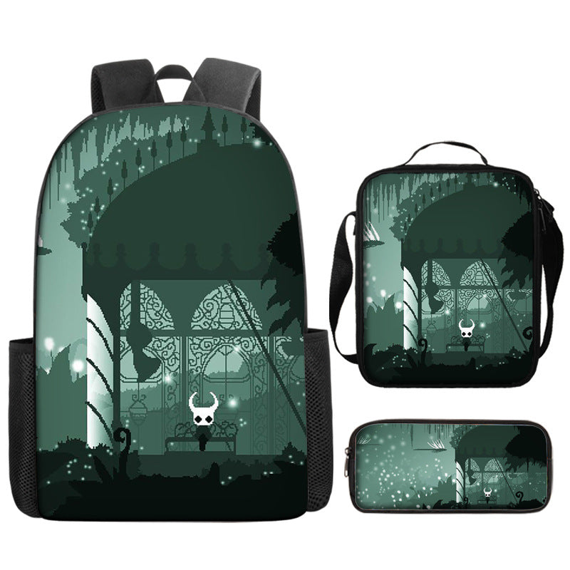 Hollow Knight Full Printed Backpack Schoolbag Travel Notebook Bag Lunch Bag Pencil Bag for Kids Students 3PCS