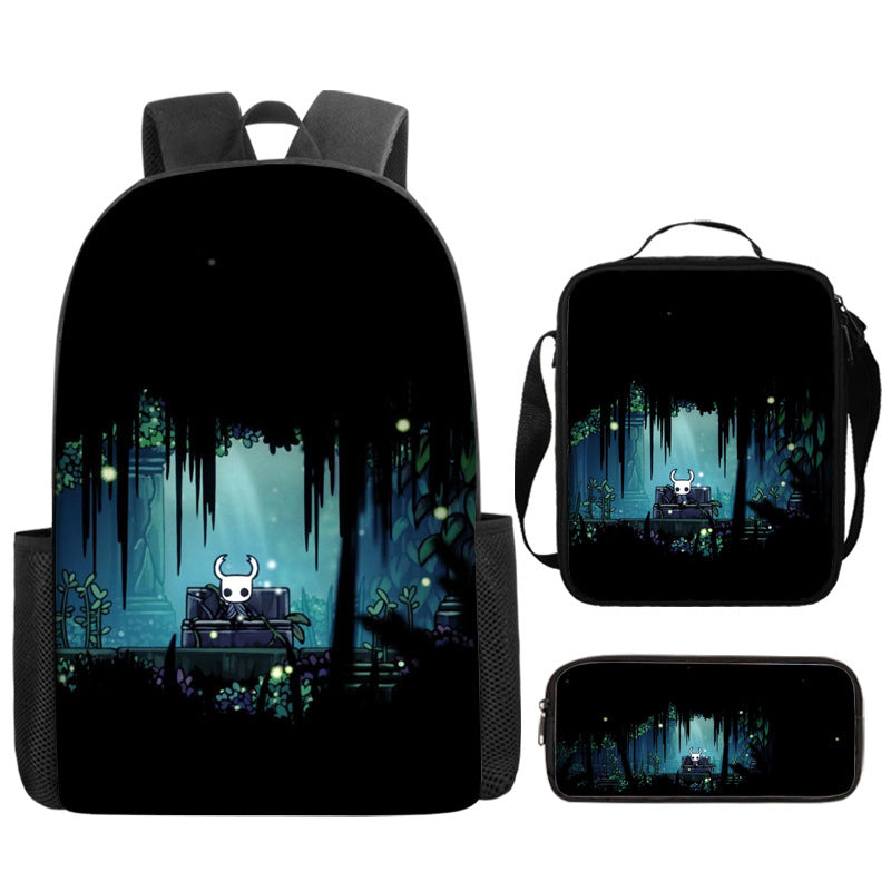 Hollow Knight Full Printed Backpack Schoolbag Travel Notebook Bag Lunch Bag Pencil Bag for Kids Students 3PCS