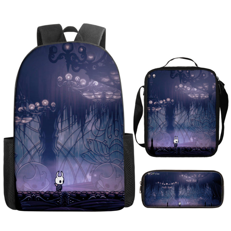 Hollow Knight Full Printed Backpack Schoolbag Travel Notebook Bag Lunch Bag Pencil Bag for Kids Students 3PCS