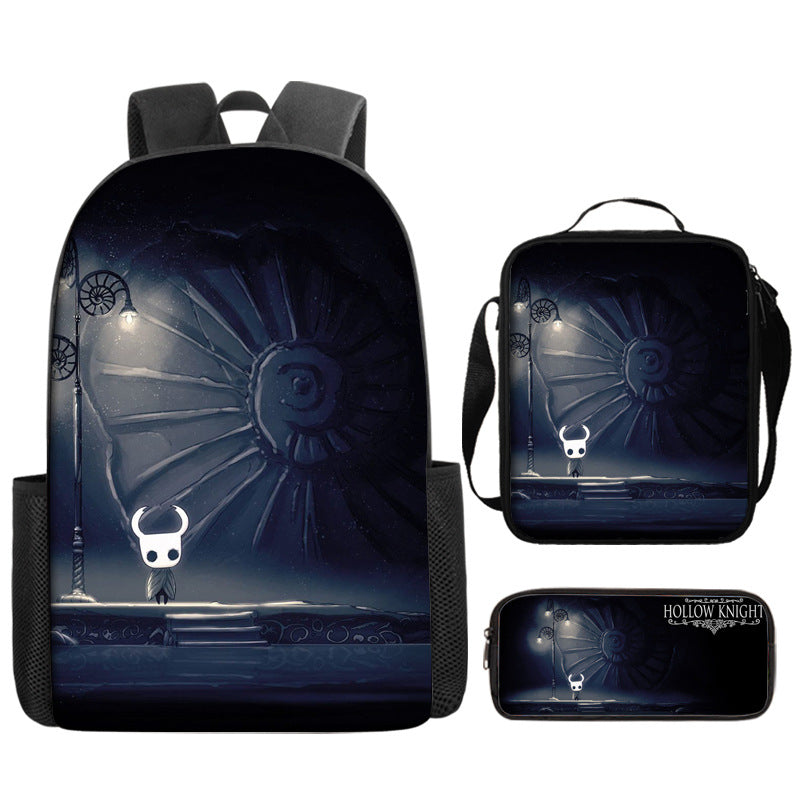 Hollow Knight Full Printed Backpack Schoolbag Travel Notebook Bag Lunch Bag Pencil Bag for Kids Students 3PCS