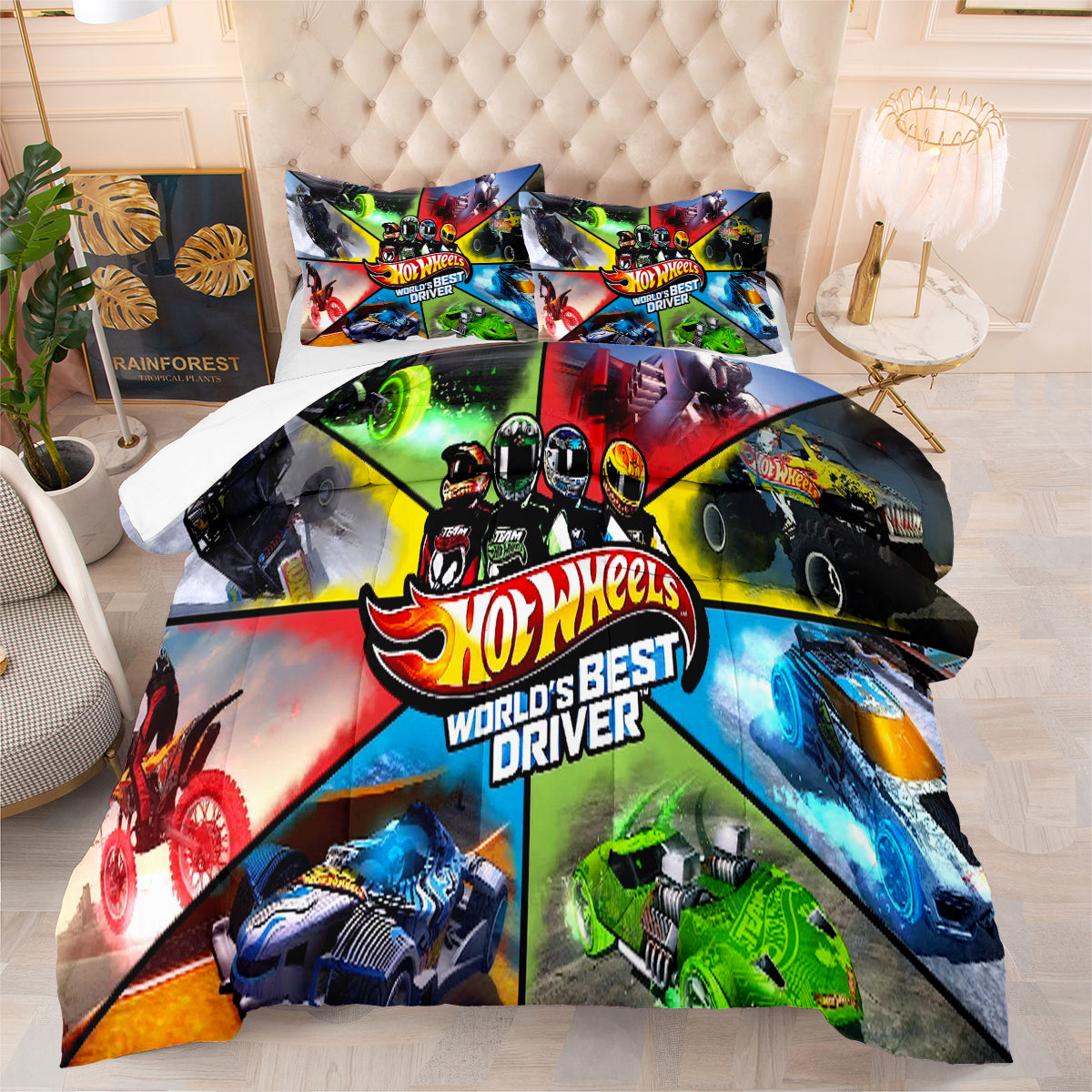 Hot Wheels Comforter Pillowcases 3PC Sets Blanket All Season Reversible Quilted Duvet