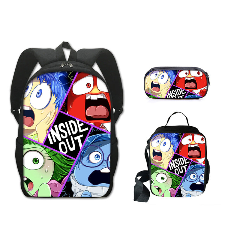 Inside Out Full Printed Backpack Schoolbag Travel Notebook Bag Lunch Bag Pencil Bag for Kids Students 3PCS