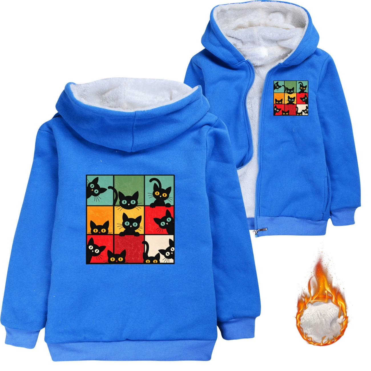Kitten Retro Cat Sherpa Lined Hoodie Fleece Sweatshirt Full Zip Hooded Jacket for Kids
