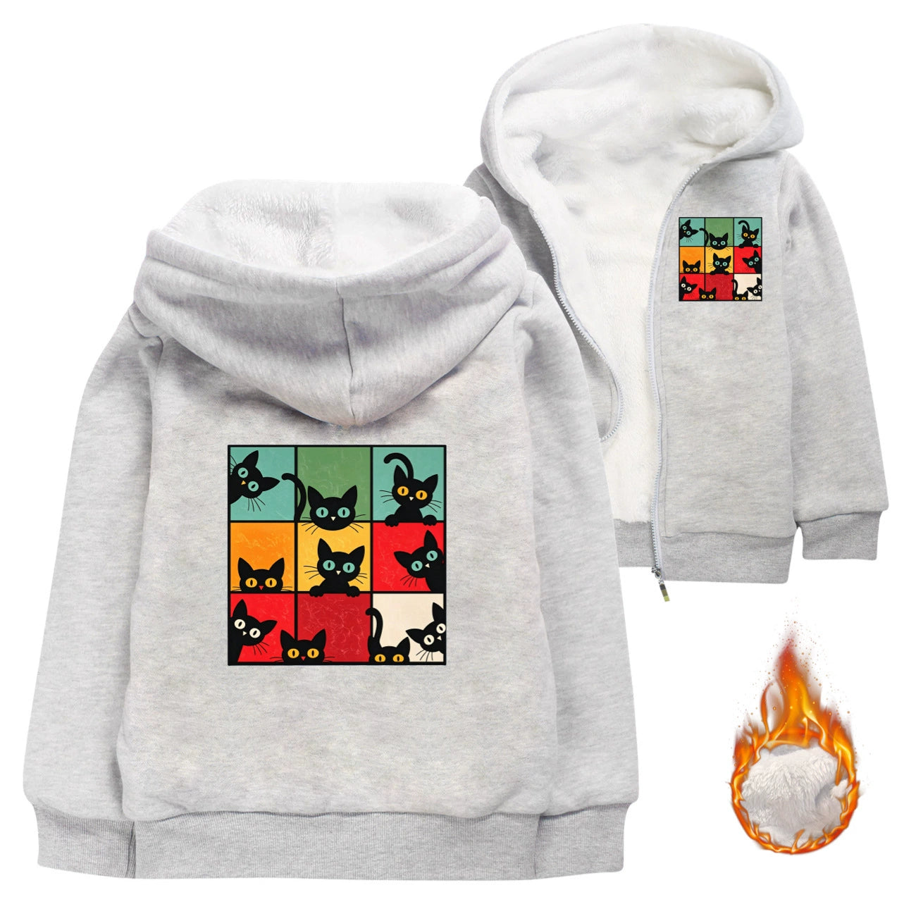 Kitten Retro Cat Sherpa Lined Hoodie Fleece Sweatshirt Full Zip Hooded Jacket for Kids
