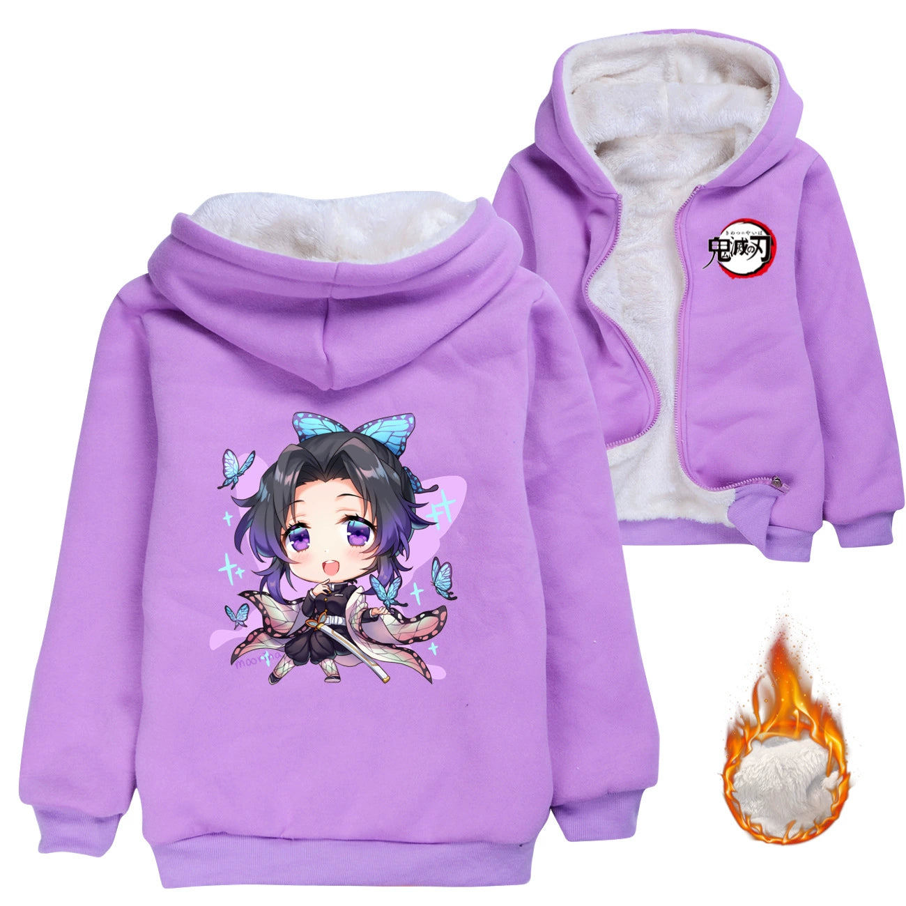 Kochou Kanae Demon Slayer Sherpa Lined Hoodie Fleece Sweatshirt Full Zip Hooded Jacket for Kids