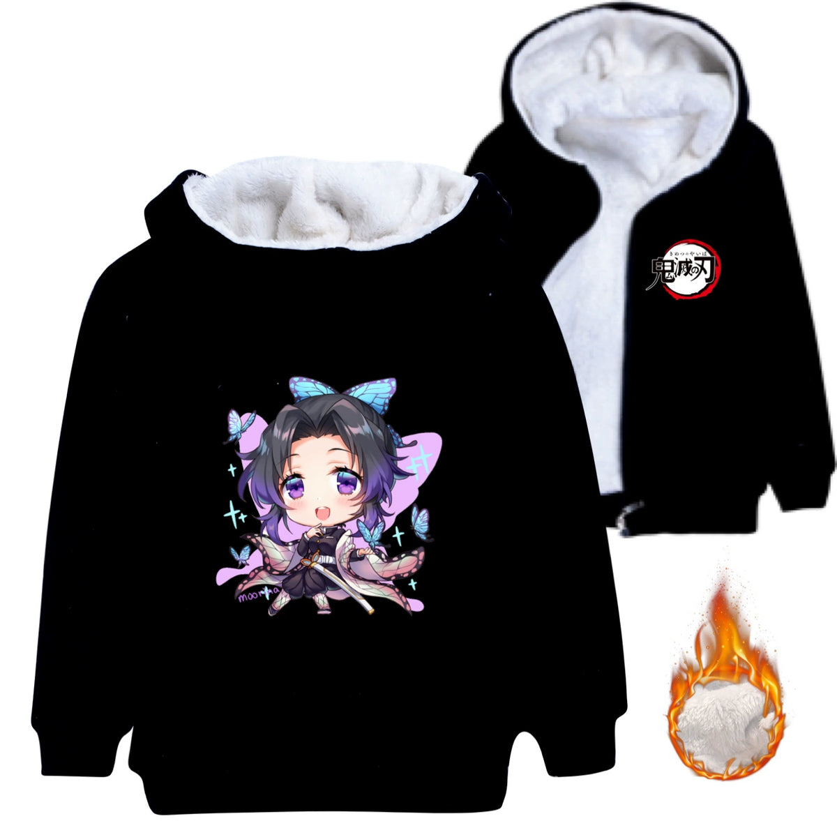 Kochou Kanae Demon Slayer Sherpa Lined Hoodie Fleece Sweatshirt Full Zip Hooded Jacket for Kids