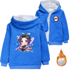 Kochou Kanae Demon Slayer Sherpa Lined Hoodie Fleece Sweatshirt Full Zip Hooded Jacket for Kids