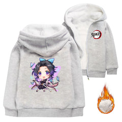 Kochou Kanae Demon Slayer Sherpa Lined Hoodie Fleece Sweatshirt Full Zip Hooded Jacket for Kids