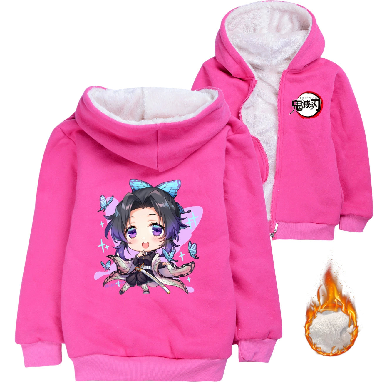 Kochou Kanae Demon Slayer Sherpa Lined Hoodie Fleece Sweatshirt Full Zip Hooded Jacket for Kids