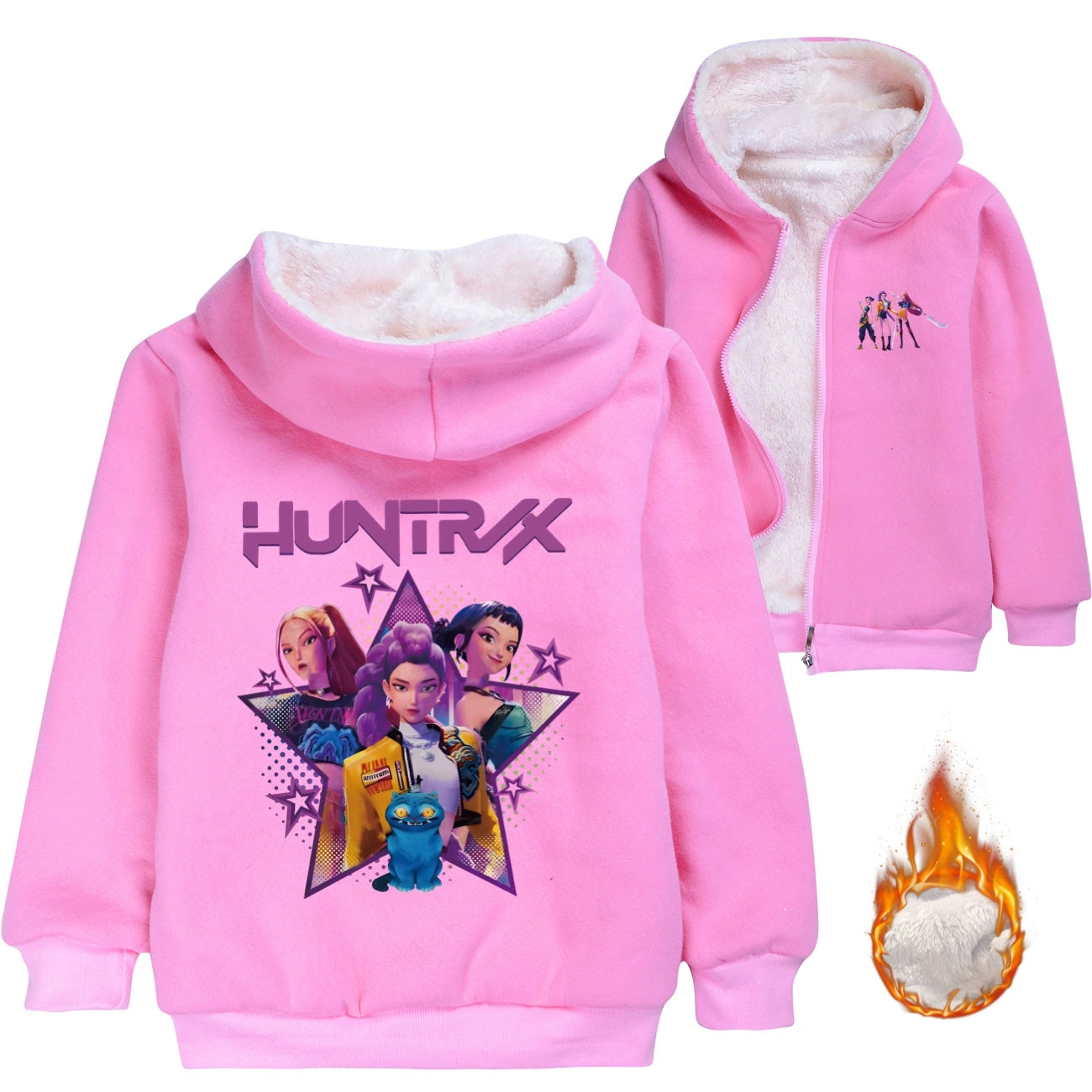 Kpop Demon Hunter Sherpa Lined Hoodie Fleece Sweatshirt Full Zip Hooded Jacket for Kids