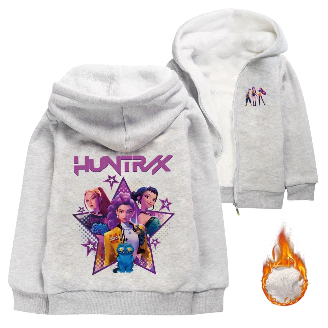Kpop Demon Hunter Sherpa Lined Hoodie Fleece Sweatshirt Full Zip Hooded Jacket for Kids
