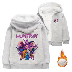 Kpop Demon Hunter Sherpa Lined Hoodie Fleece Sweatshirt Full Zip Hooded Jacket for Kids